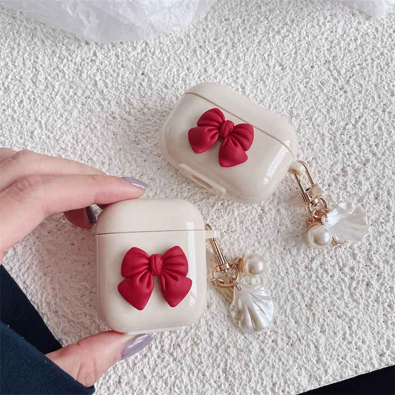 Beige red bow shell patterned TPU case for AirPods Pro wireless earphones