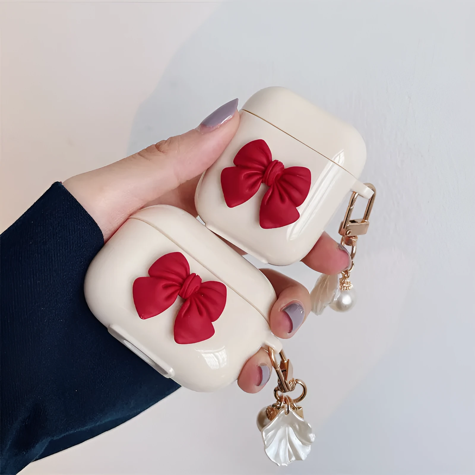 Beige red bow shell patterned TPU case for AirPods Pro wireless earphones