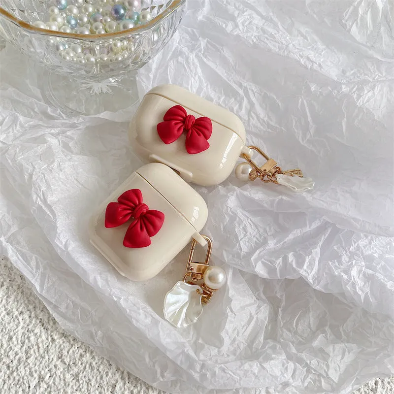 Beige red bow shell patterned TPU case for AirPods Pro wireless earphones