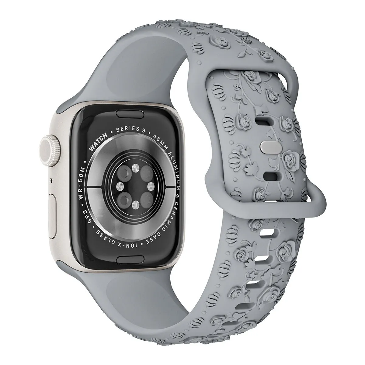 Embossed rose silicone watch strap for Apple Watch 38/40/41mm and 42/44/45mm in multiple colours
