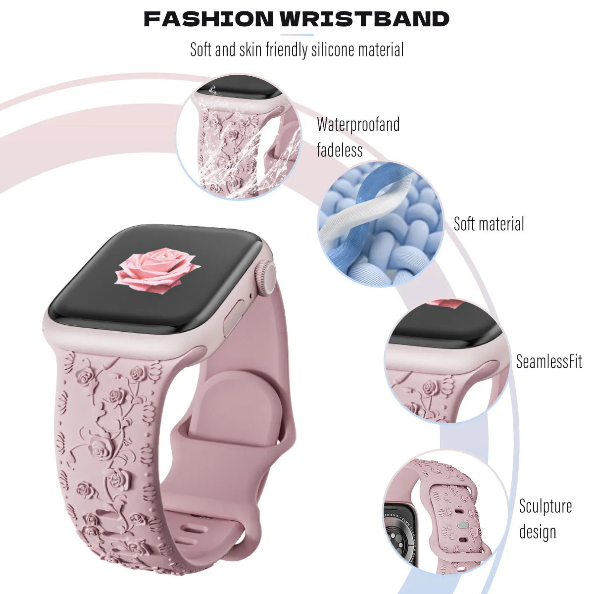 Embossed rose silicone watch strap for Apple Watch 38/40/41mm and 42/44/45mm in multiple colours