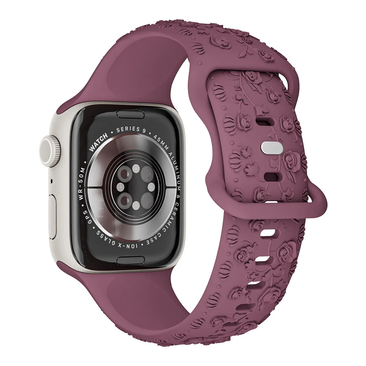 Embossed rose silicone watch strap for Apple Watch 38/40/41mm and 42/44/45mm in multiple colours