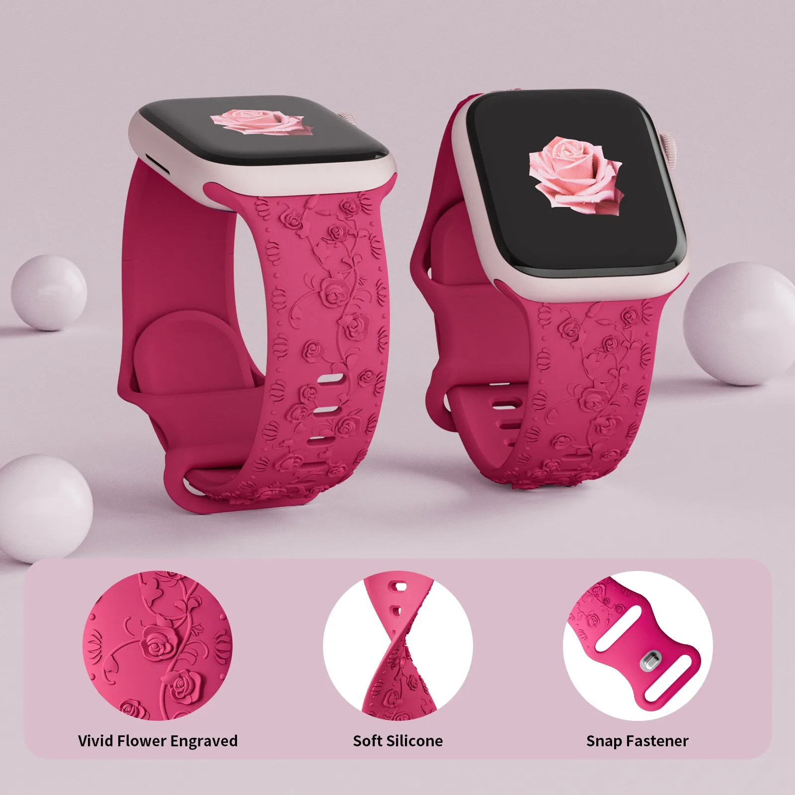 Embossed rose silicone watch strap for Apple Watch 38/40/41mm and 42/44/45mm in multiple colours