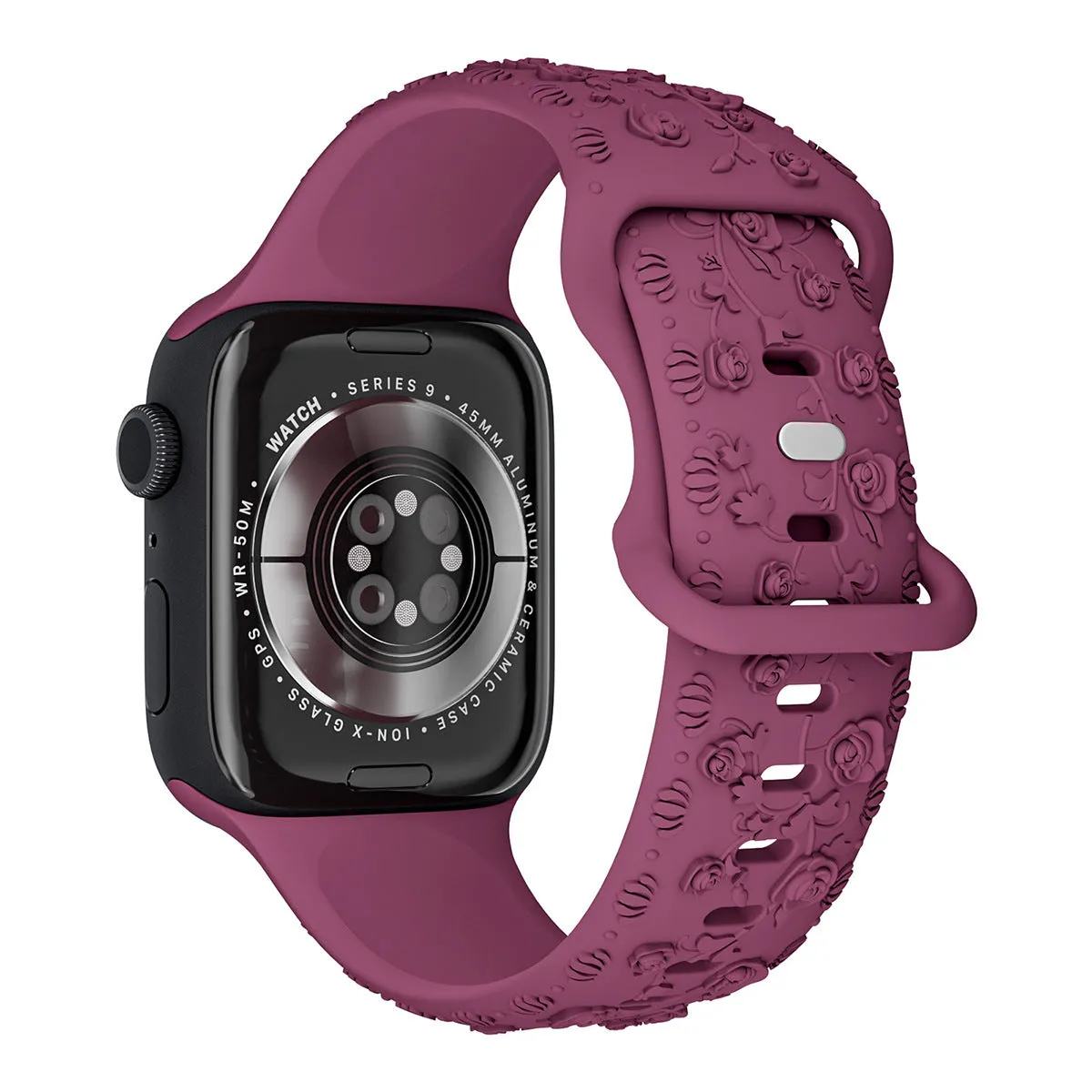 Embossed rose silicone watch strap for Apple Watch 38/40/41mm and 42/44/45mm in multiple colours