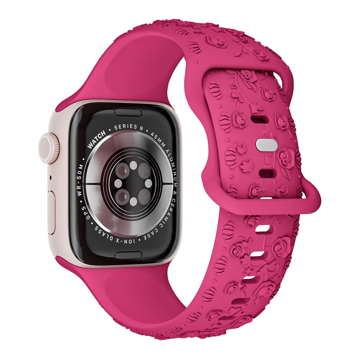 Embossed rose silicone watch strap for Apple Watch 38/40/41mm and 42/44/45mm in multiple colours
