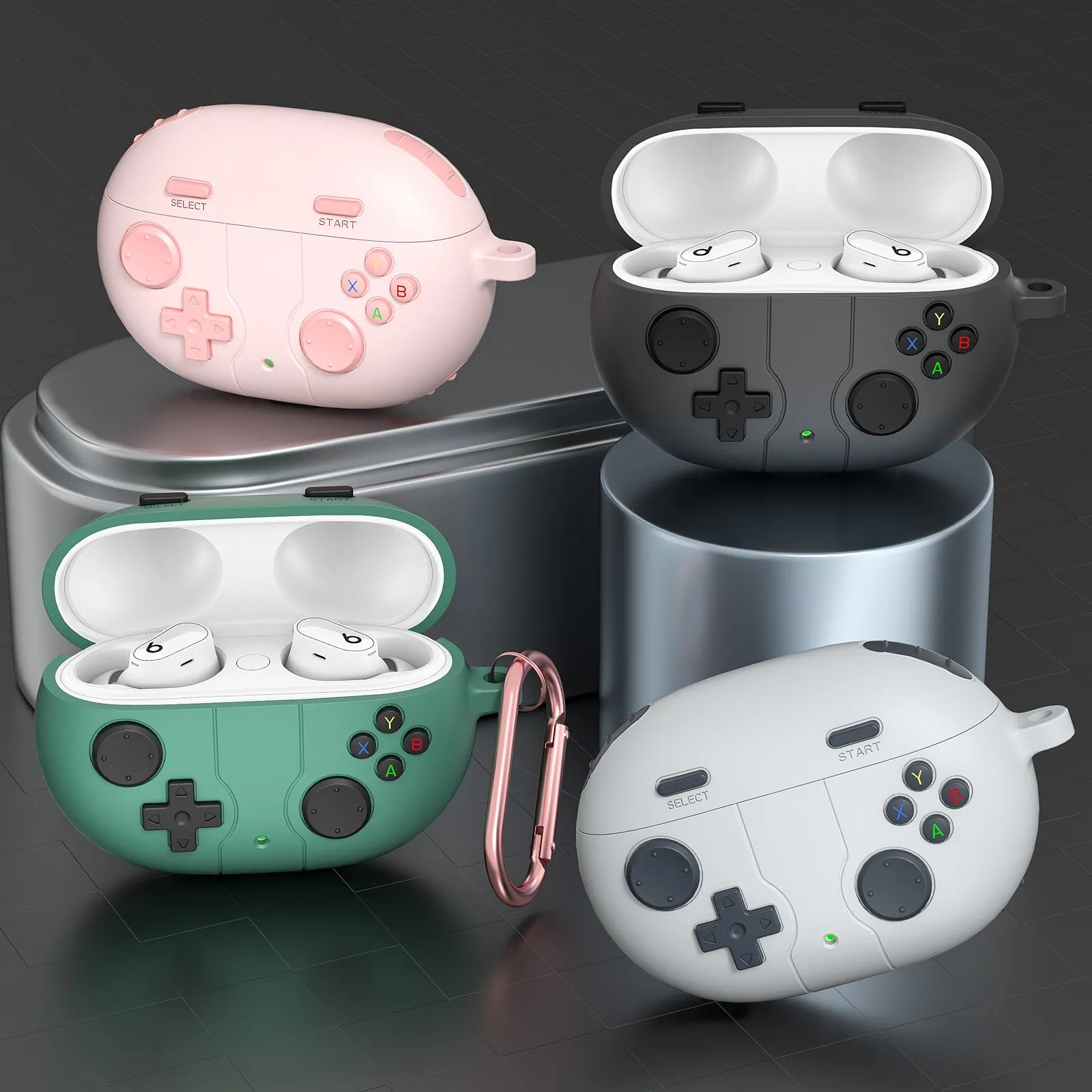 Silicone Bluetooth earphone cover for Beats Studio Buds in pink with embossed game machine pattern