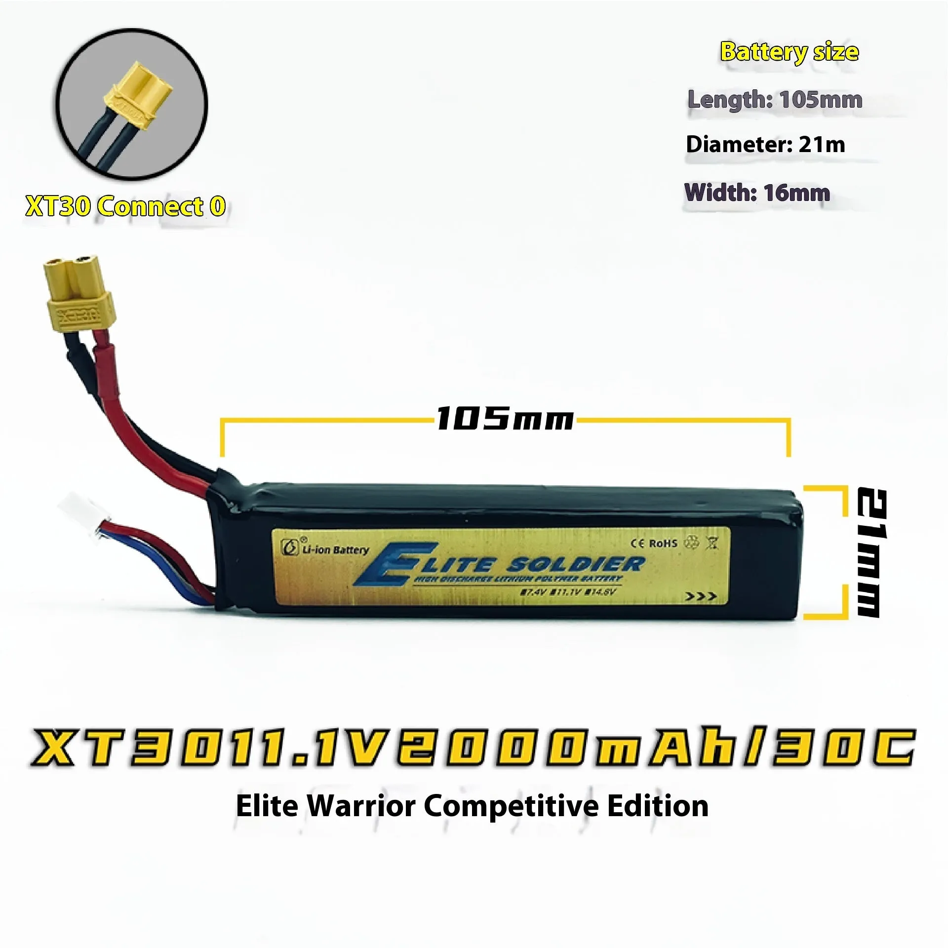 Replacement lithium battery for children's soft elastic air toy gun, 7.4V 900mAh or 11.1V 2000mAh, cylindrical cells with SM Odamiya XT30 Tamiya connectors