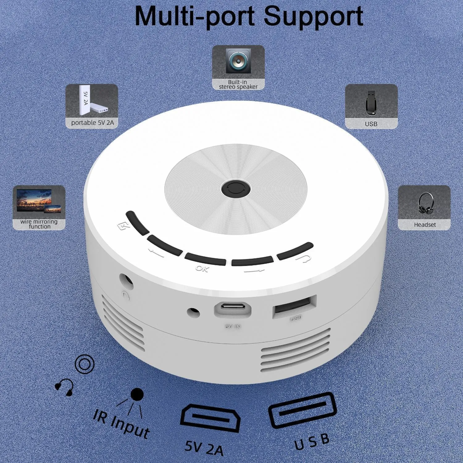 White portable wired same screen projector for mobile phones with remote control