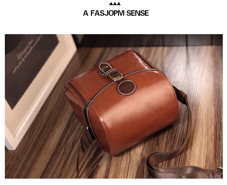 Fashion single shoulder SLR camera liner bag in PU leather, small size, dark coffee colour, for home storage.