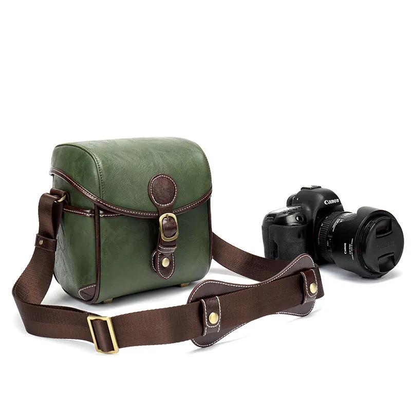 Fashion single shoulder SLR camera liner bag in PU leather, small size, dark coffee colour, for home storage.
