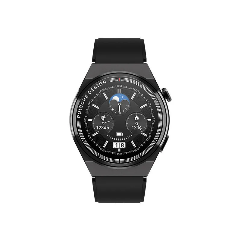 Black Bluetooth smartwatch with a circular 1.39-inch screen on a silicone strap, showing NFC and health tracking functions.