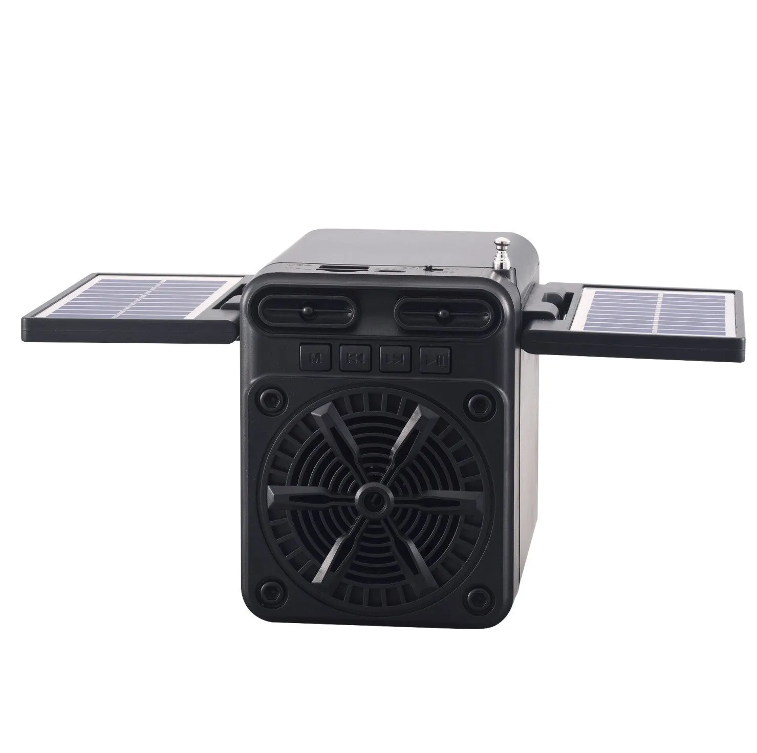 Black plastic solar emergency FM radio with USB charging port and built-in speaker, 10.5x11.5x9.5 cm