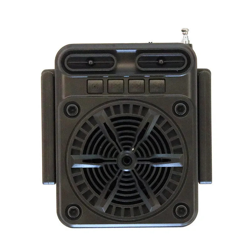 Black plastic solar emergency FM radio with USB charging port and built-in speaker, 10.5x11.5x9.5 cm