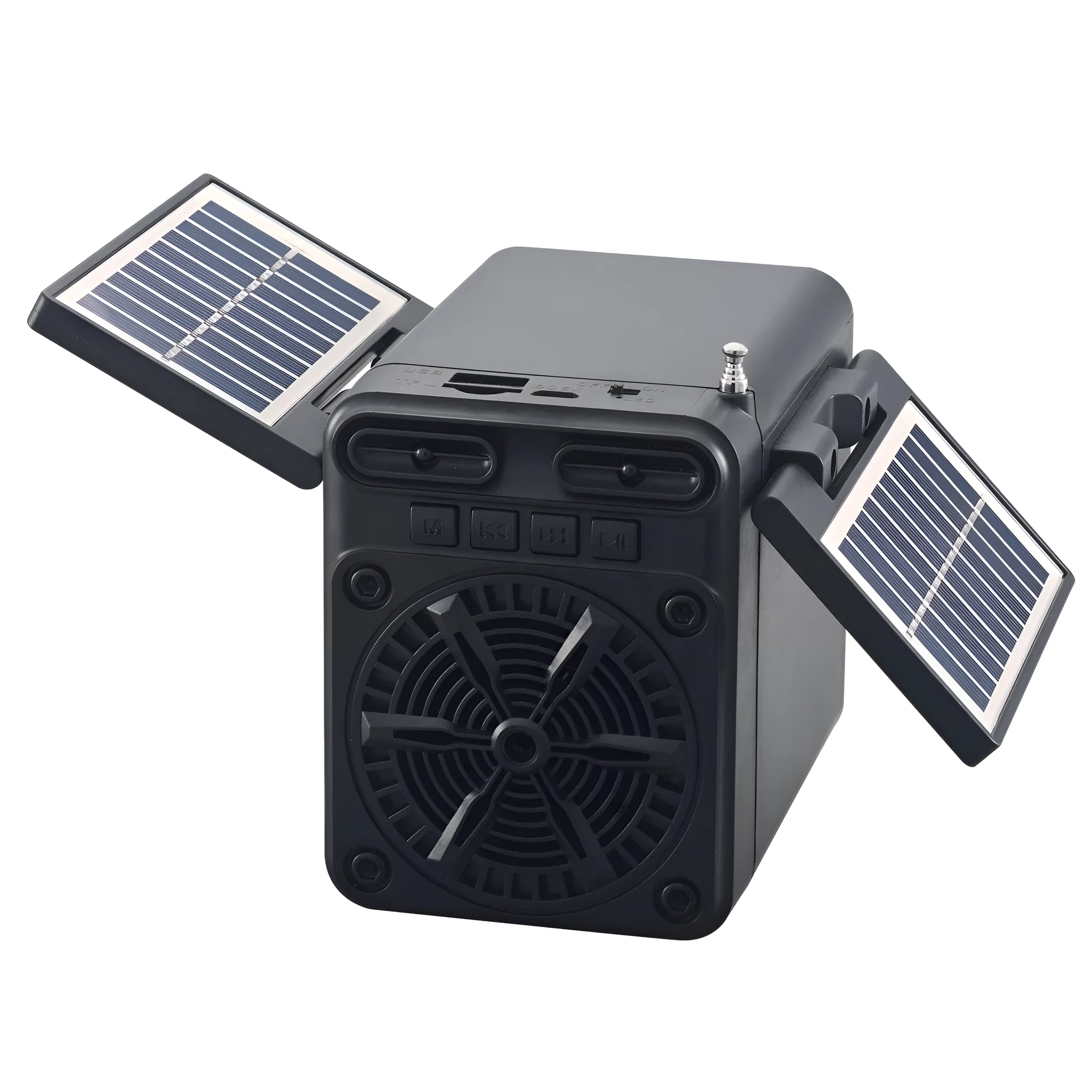 Black plastic solar emergency FM radio with USB charging port and built-in speaker, 10.5x11.5x9.5 cm