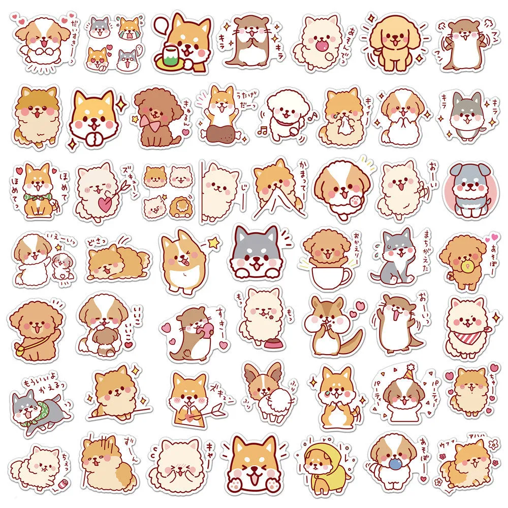 Pack of 50 cute dog graffiti stickers with paper and PVC adhesive, colour L50-82, on a white background
