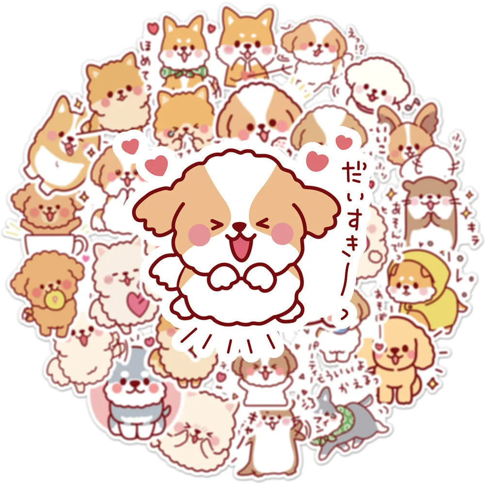 Pack of 50 cute dog graffiti stickers with paper and PVC adhesive, colour L50-82, on a white background