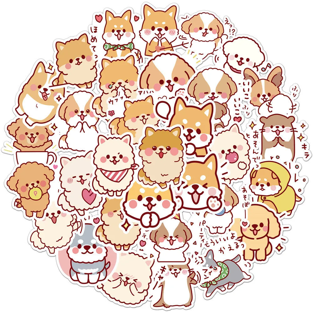 Pack of 50 cute dog graffiti stickers with paper and PVC adhesive, colour L50-82, on a white background