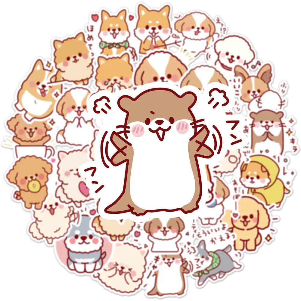 Pack of 50 cute dog graffiti stickers with paper and PVC adhesive, colour L50-82, on a white background