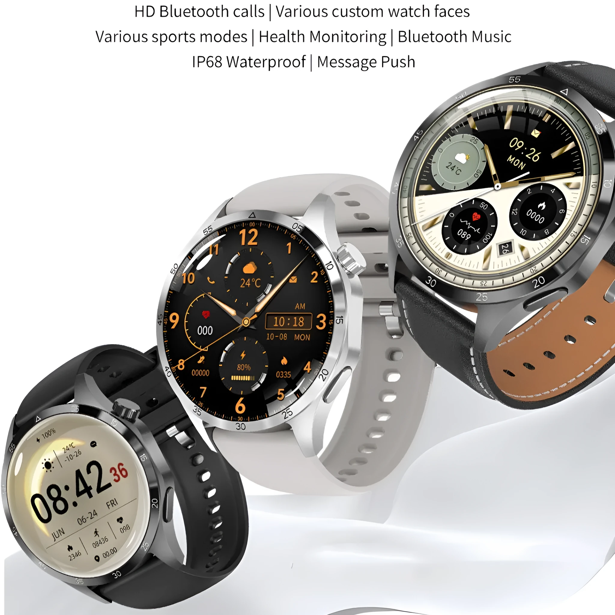 Black Bluetooth smartwatch with TFT touch screen shown with both silicone and Milan net strap options.