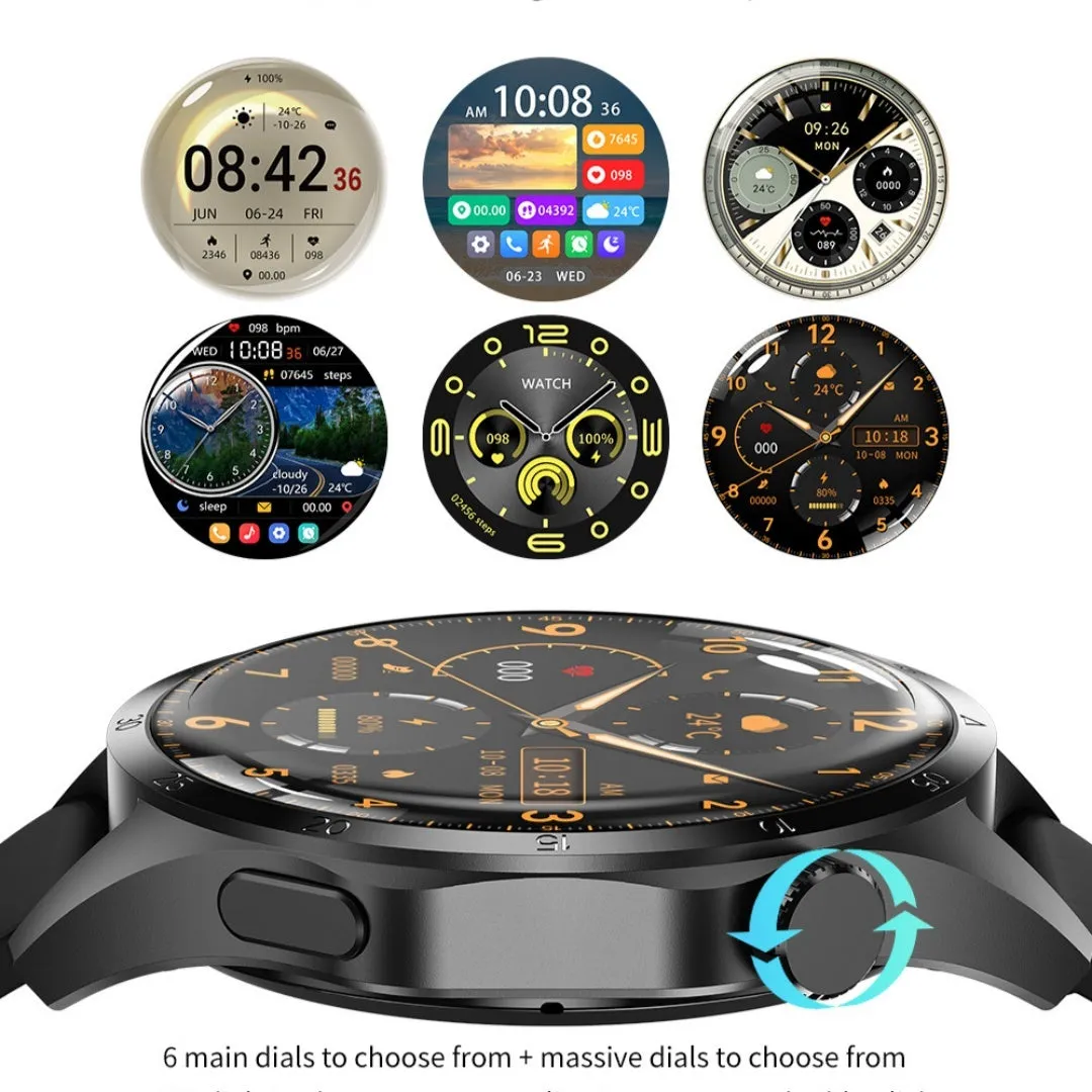 Black Bluetooth smartwatch with TFT touch screen shown with both silicone and Milan net strap options.