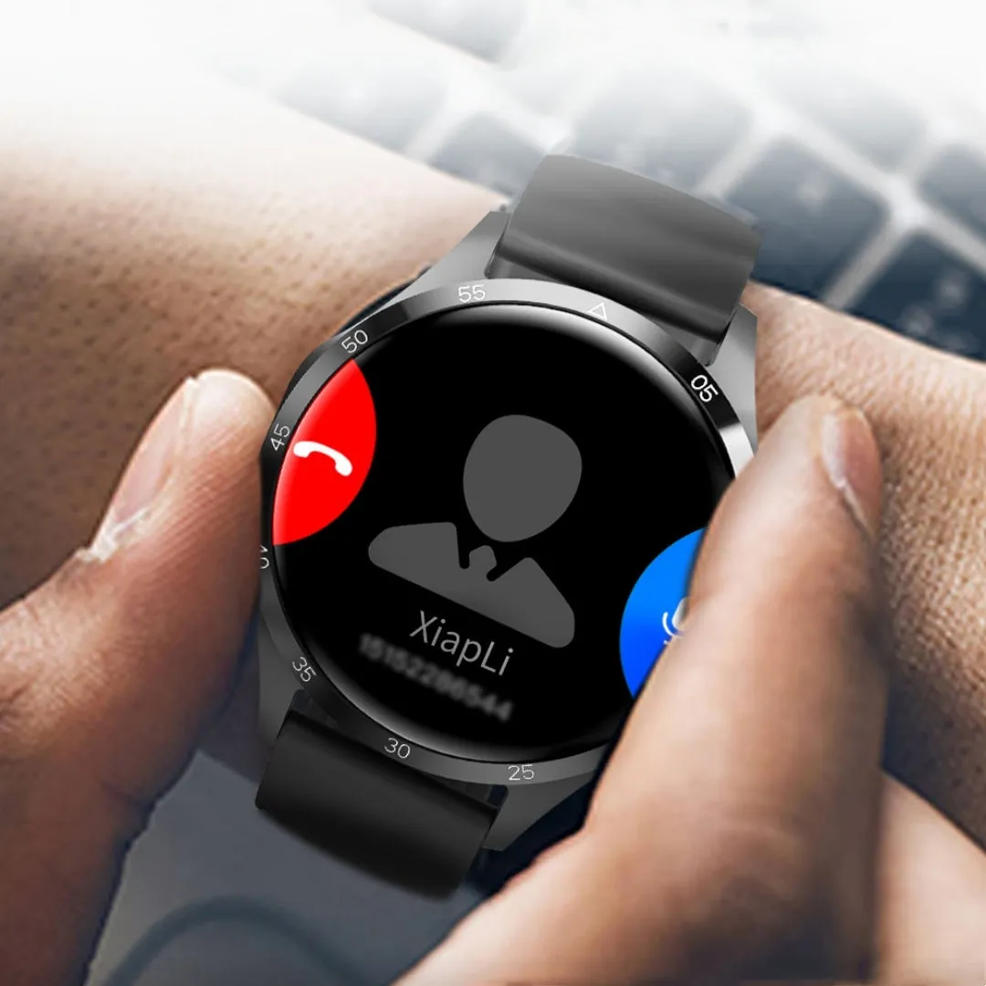 Black Bluetooth smartwatch with TFT touch screen shown with both silicone and Milan net strap options.