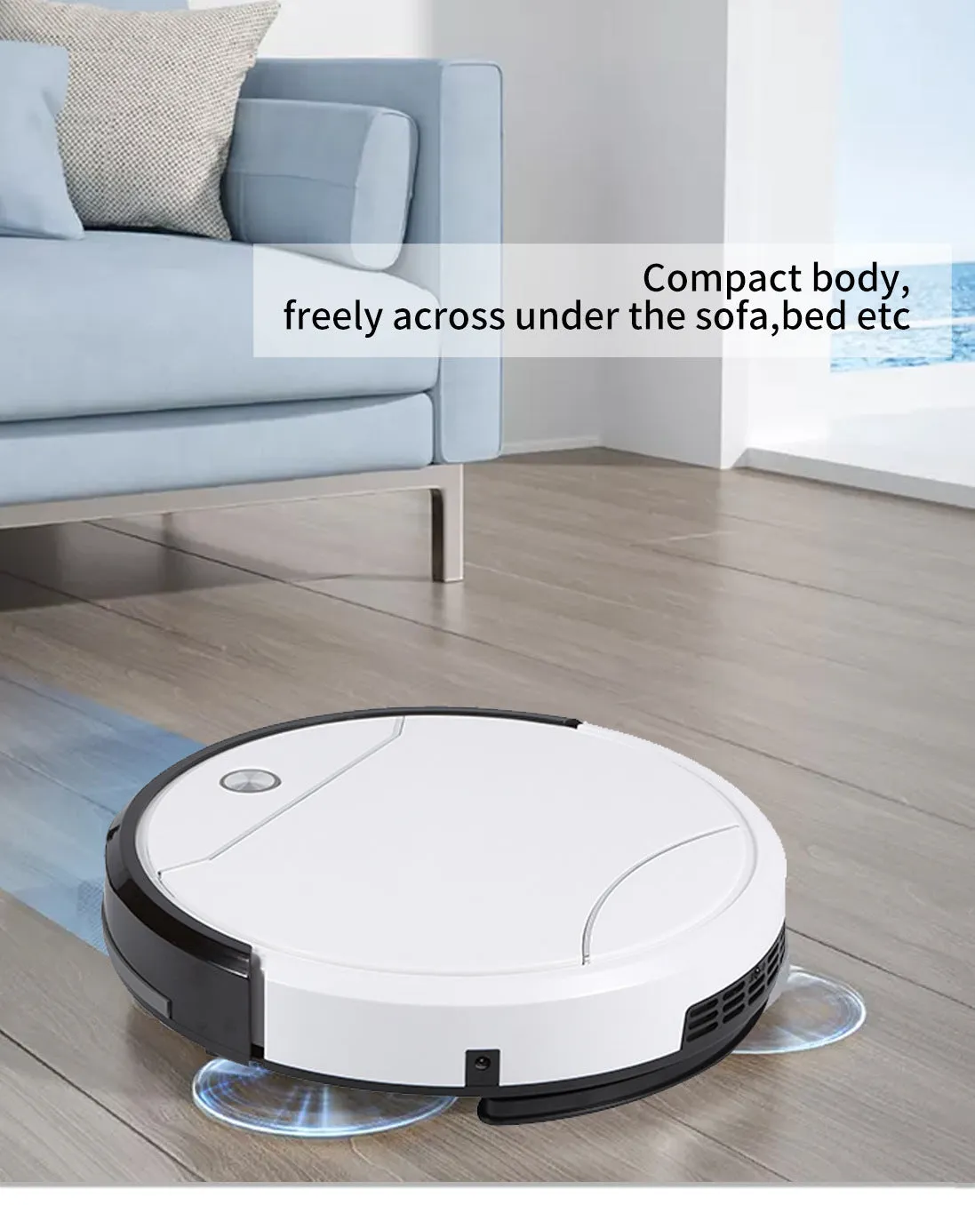 Jieshi D502 automatic recharge sweeping robot in white and black with remote control, 300ml capacity