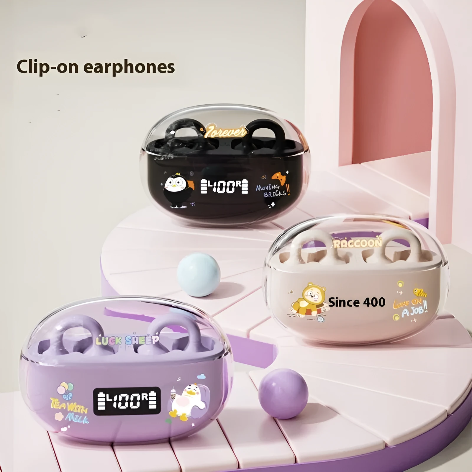 B105C wireless clip ear sports headphones in Black Goose colour with digital display and charging bay