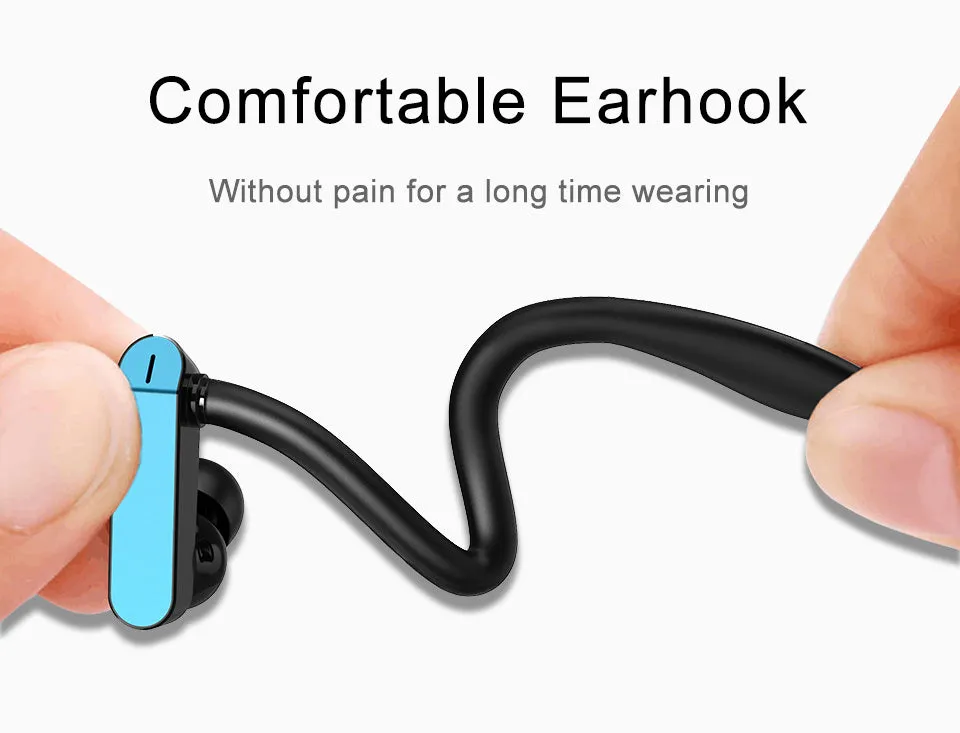 Close-up of sport earphones with flexible ear hooks and silicone earbuds in black and blue colour
