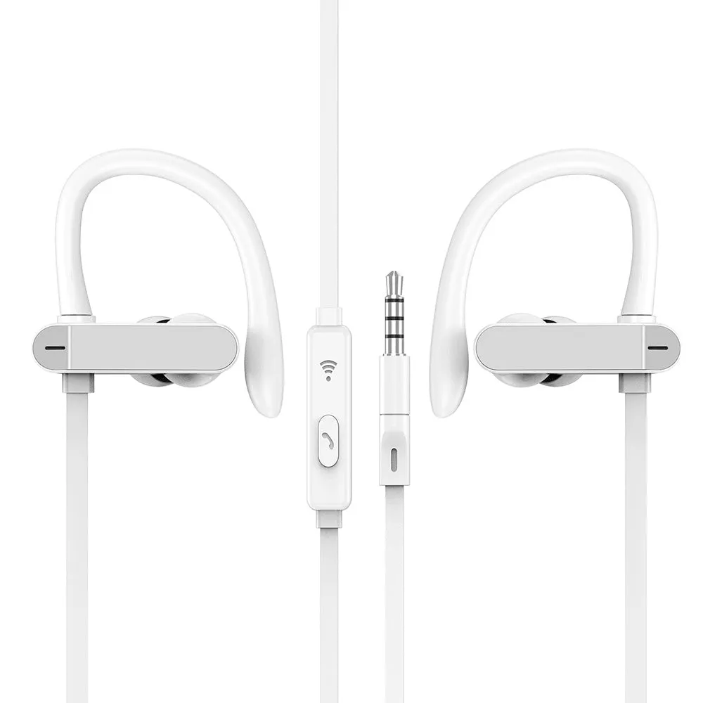 Close-up of sport earphones with flexible ear hooks and silicone earbuds in black and blue colour