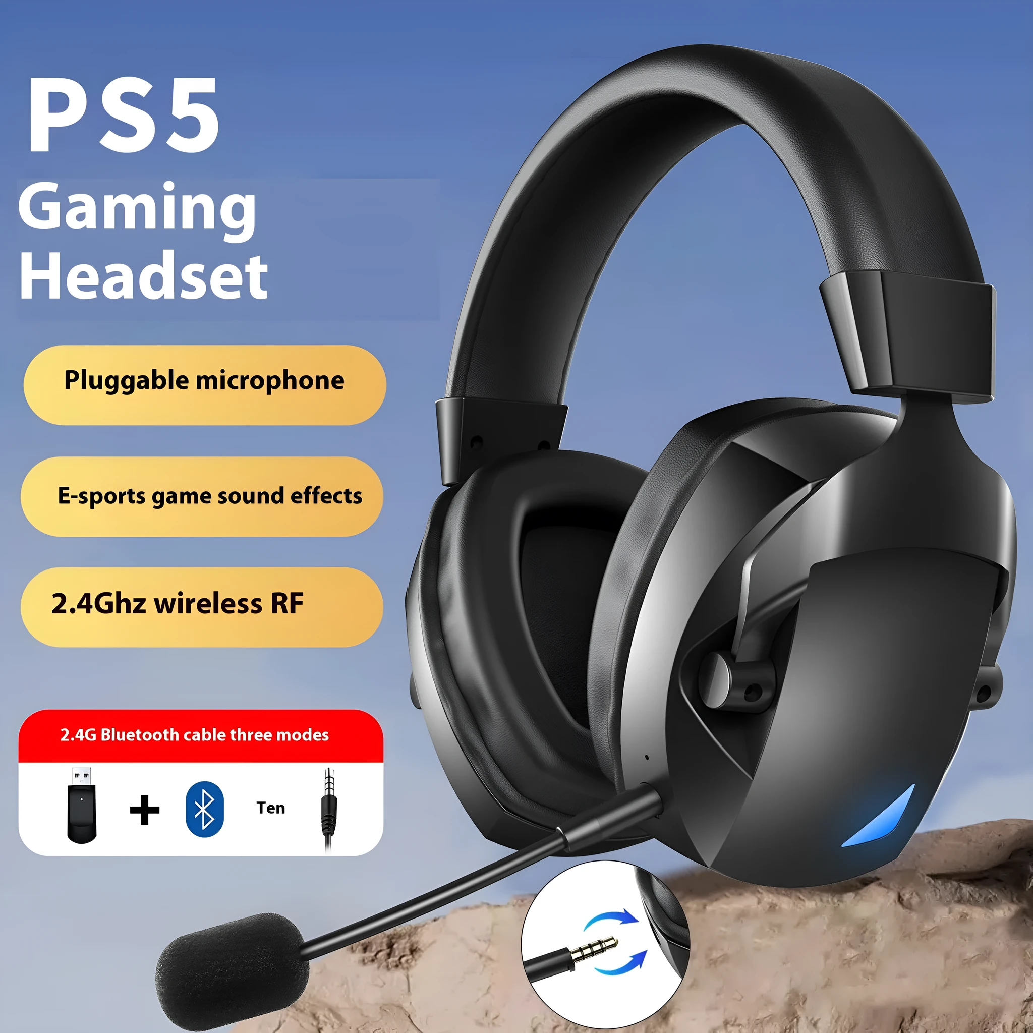 24g wireless Bluetooth headset with RGB lighting and plug-in microphone on black background