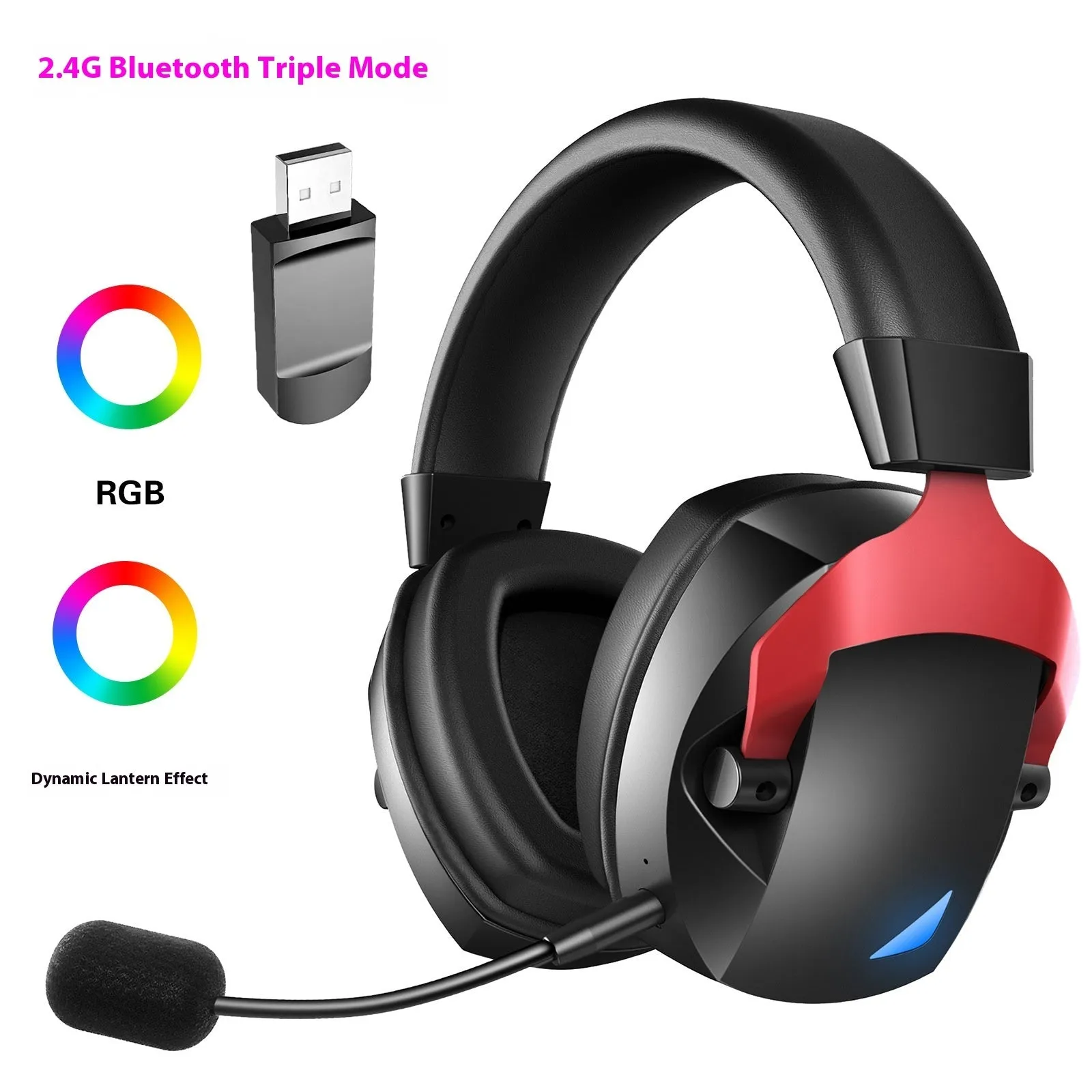 24g wireless Bluetooth headset with RGB lighting and plug-in microphone on black background