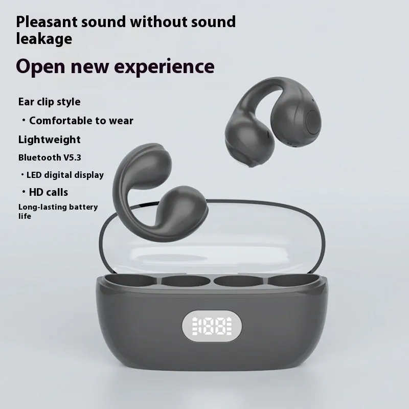Large power clip-on wireless sports earphones in black with bone conduction and digital display