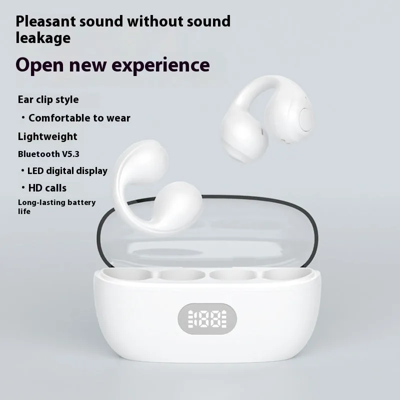 Large power clip-on wireless sports earphones in black with bone conduction and digital display