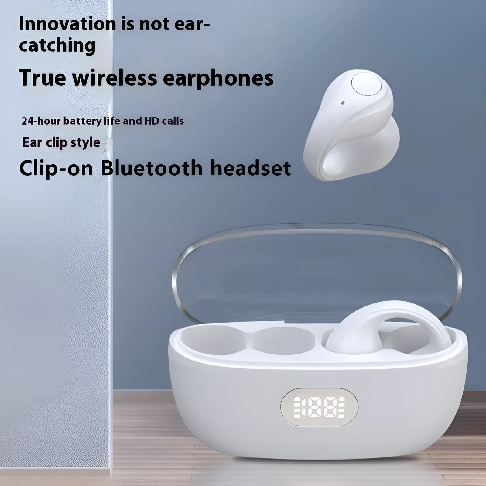 Large power clip-on wireless sports earphones in black with bone conduction and digital display