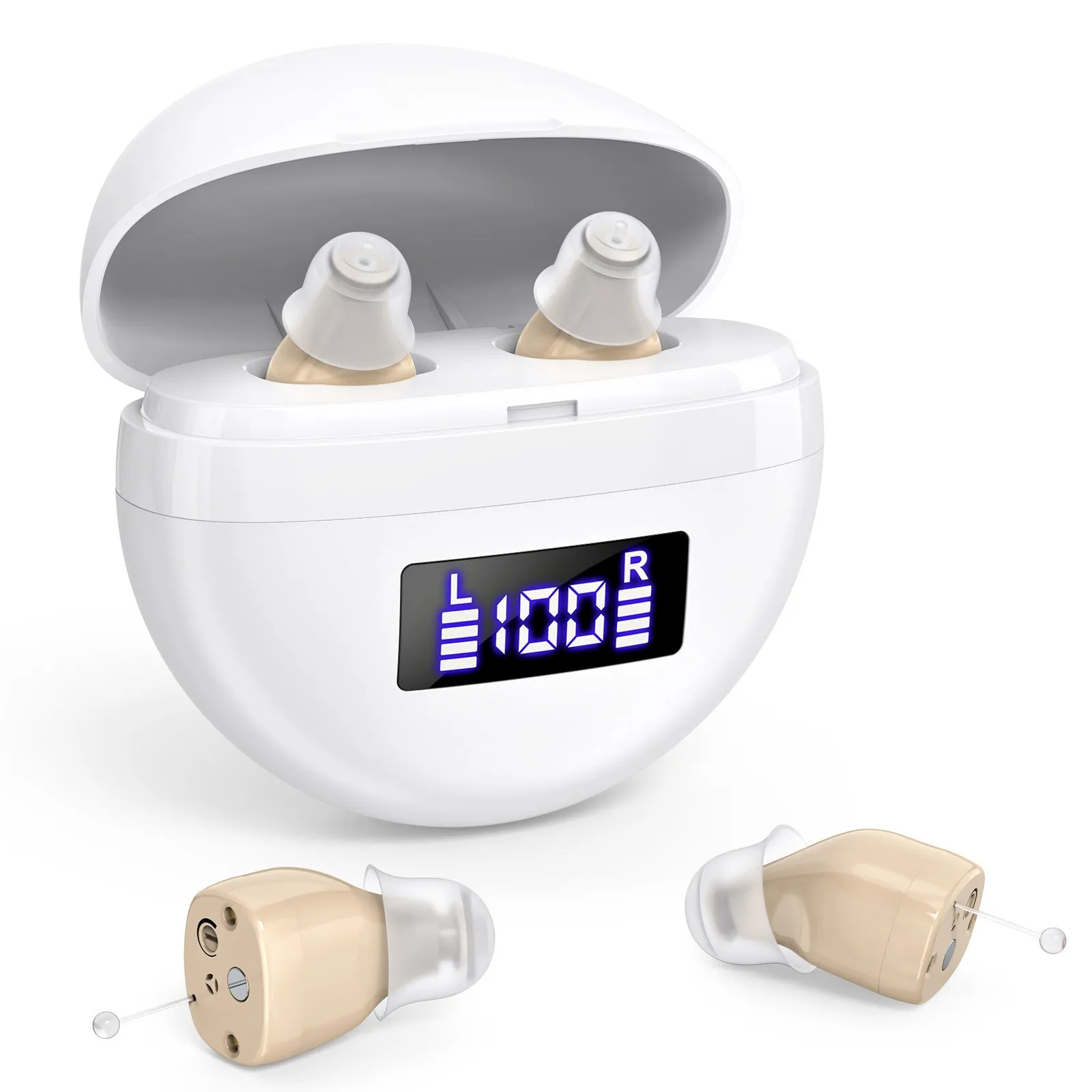 White skin noise reduction hearing aid with digital display and magnetic charging case