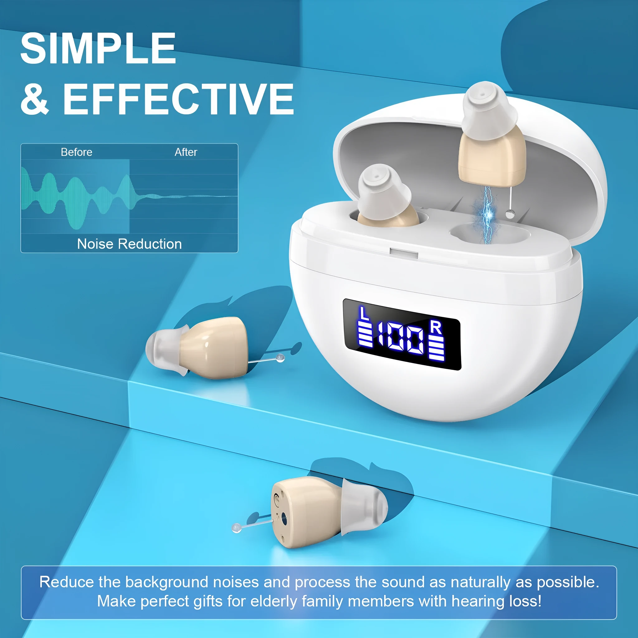 White skin noise reduction hearing aid with digital display and magnetic charging case