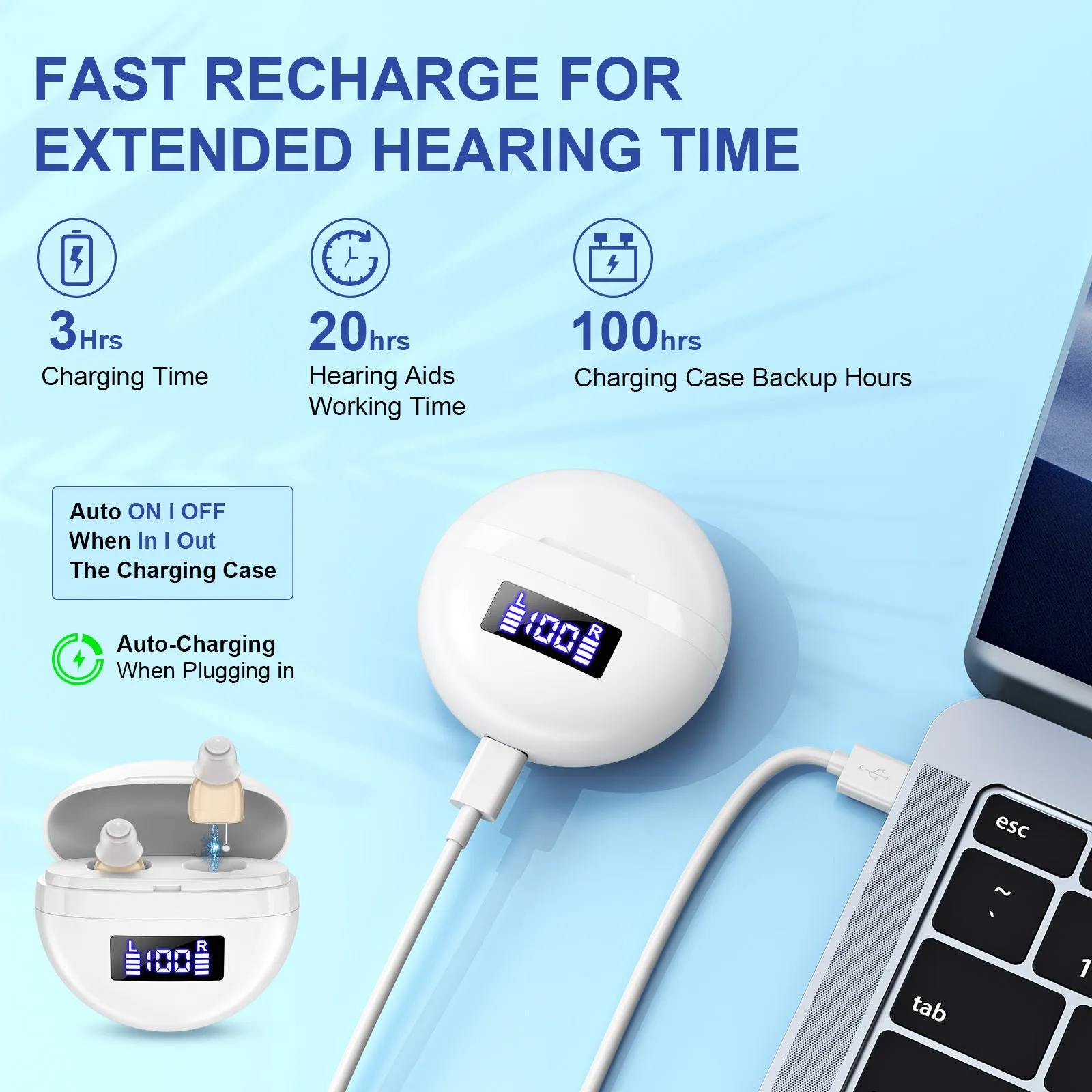 White skin noise reduction hearing aid with digital display and magnetic charging case