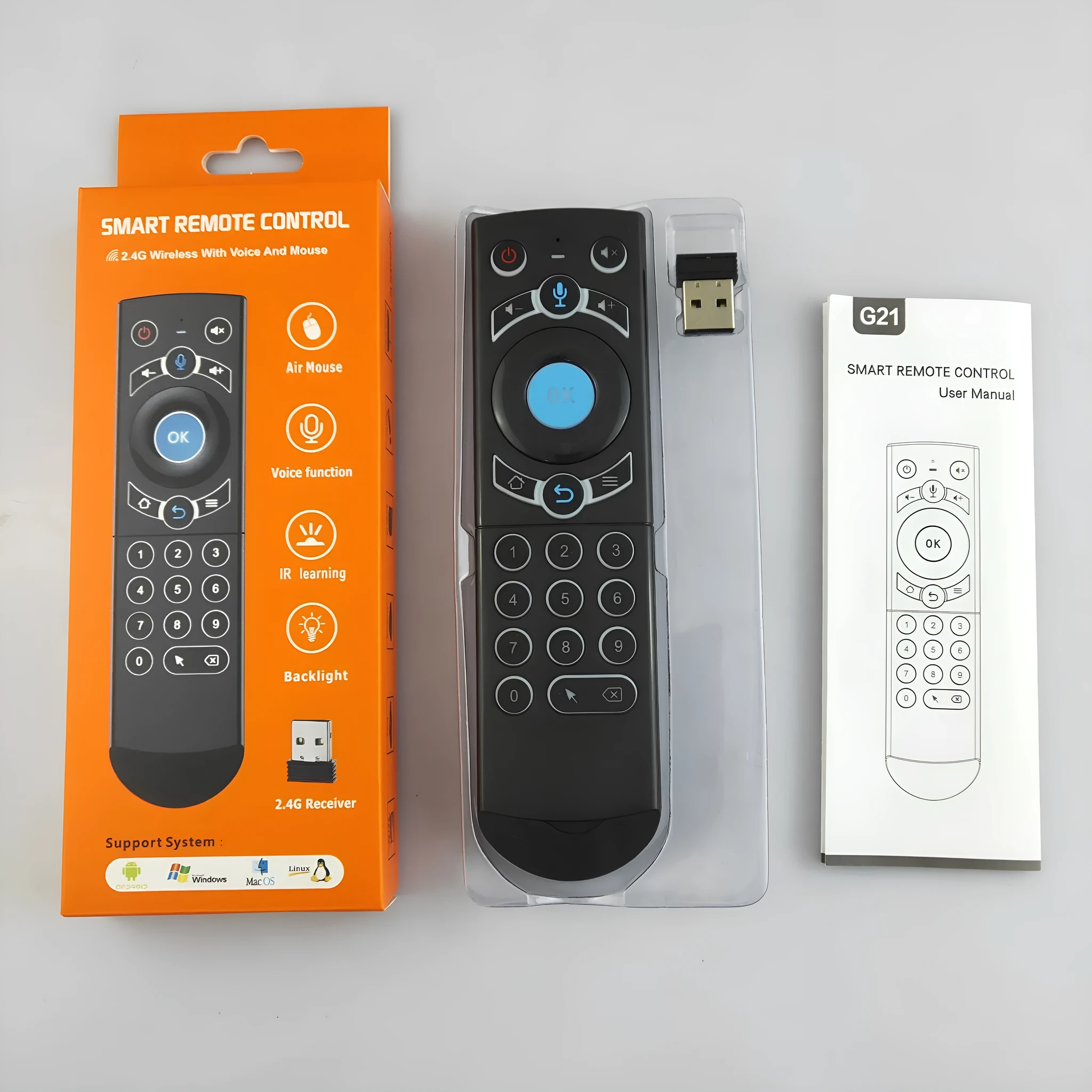 Black G21pro2.4G universal remote control with voice gyroscope for Android TV box projector, 162x42x17.6mm