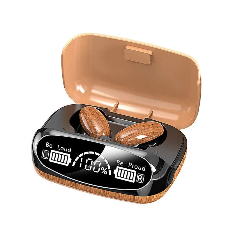 Wood grain M35 Bluetooth wireless earbuds with charging case showing power display