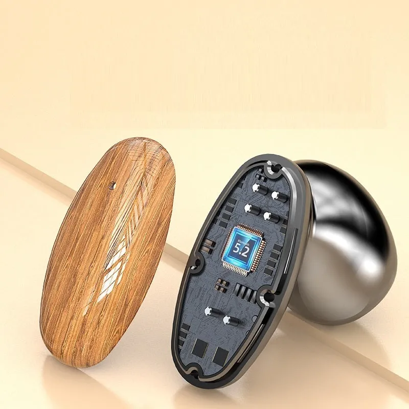 Wood grain M35 Bluetooth wireless earbuds with charging case showing power display