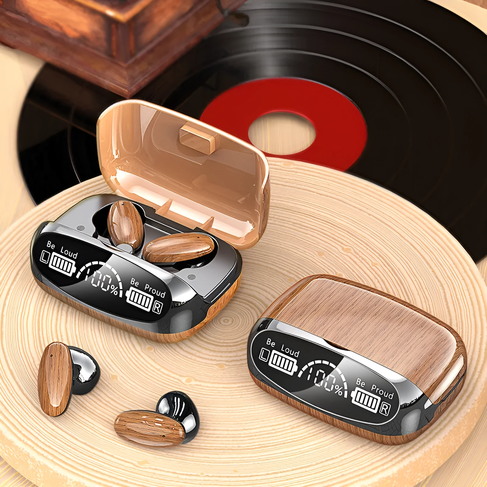 Wood grain M35 Bluetooth wireless earbuds with charging case showing power display