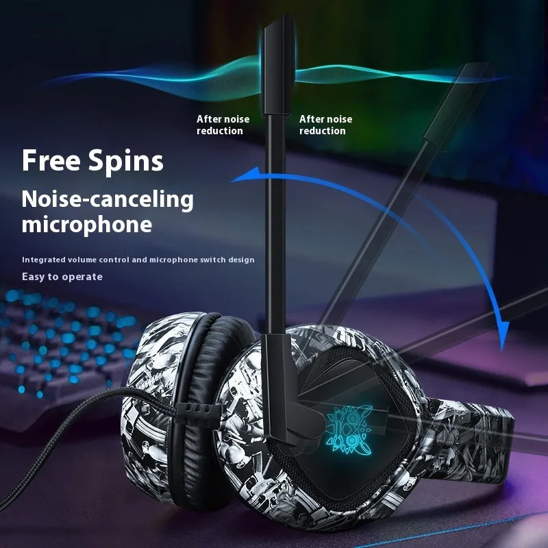Camouflage Gray wired RGB gaming headset with head-mounted design and 3.5mm plug