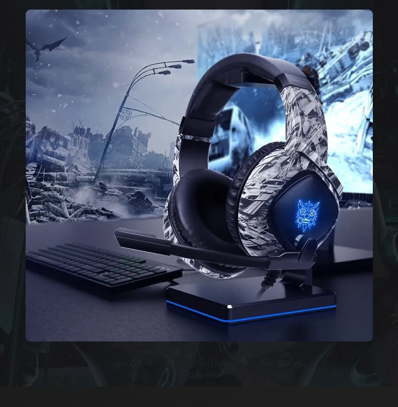 Camouflage Gray wired RGB gaming headset with head-mounted design and 3.5mm plug