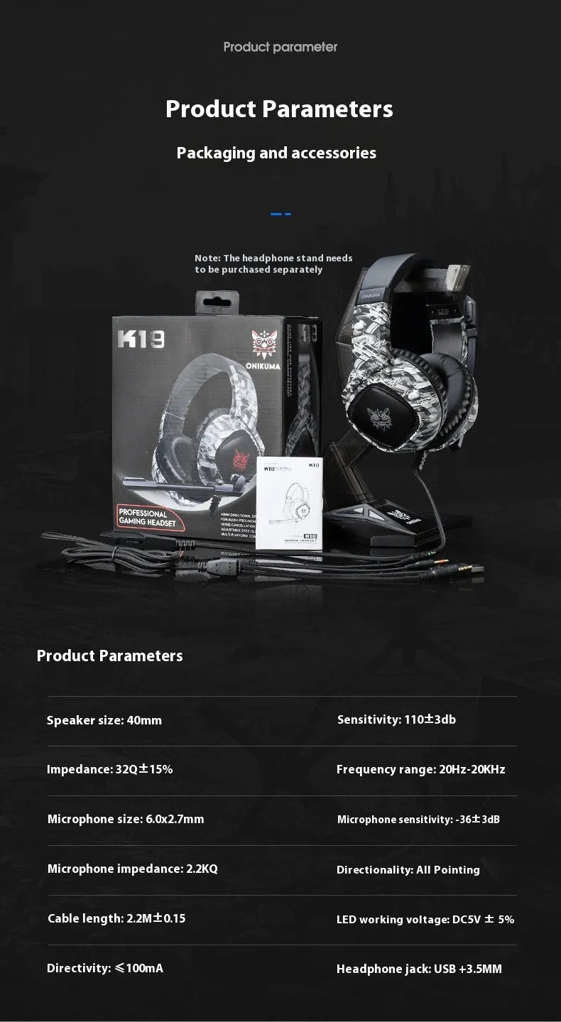 Camouflage Gray wired RGB gaming headset with head-mounted design and 3.5mm plug