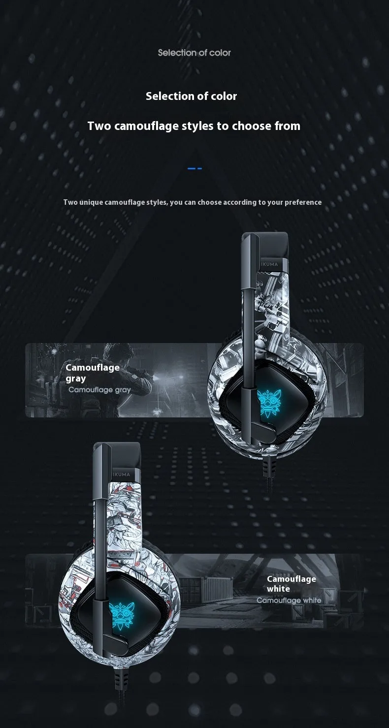 Camouflage Gray wired RGB gaming headset with head-mounted design and 3.5mm plug