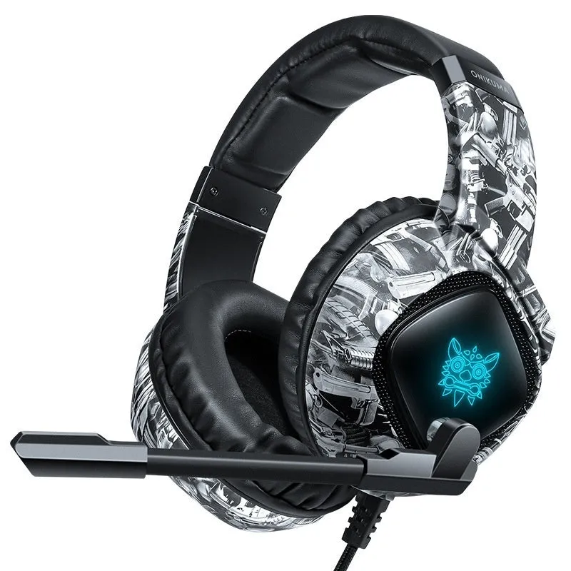 Camouflage Gray wired RGB gaming headset with head-mounted design and 3.5mm plug