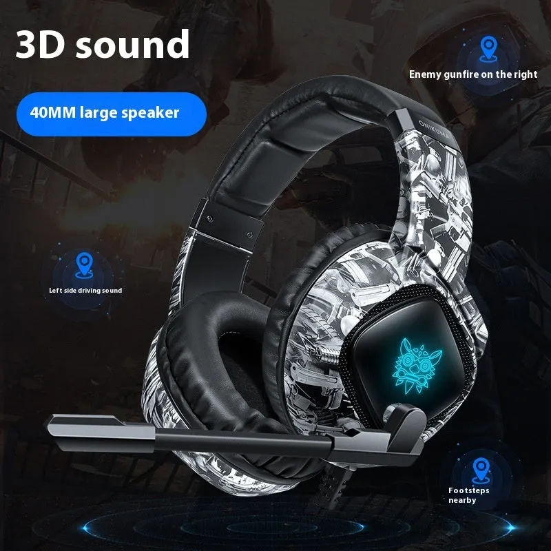 Camouflage Gray wired RGB gaming headset with head-mounted design and 3.5mm plug