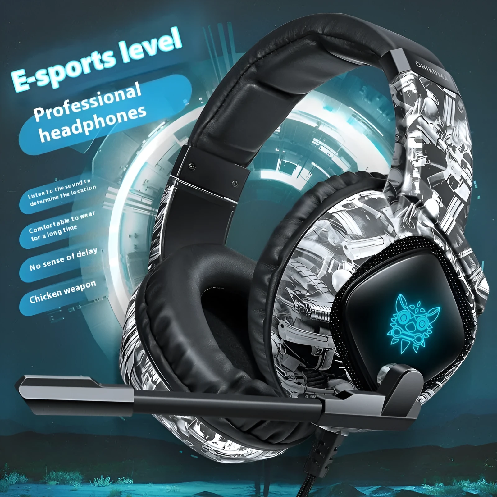 Camouflage Gray wired RGB gaming headset with head-mounted design and 3.5mm plug