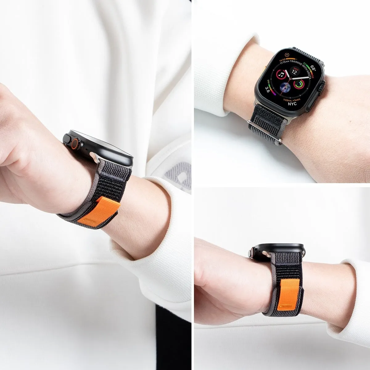 Nylon two-section replacement watch band for Apple Watch, sports style, black and grey colour