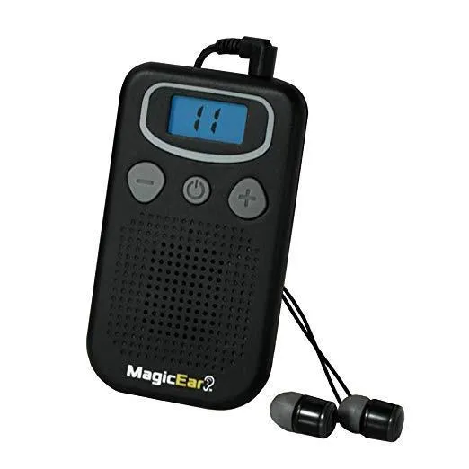 Brilliant coloured personal digital voice enhancer with a handheld FM radio design on a table.